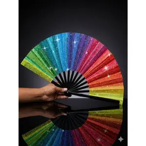 Rainbow Glitter Clack Fan: Oversized Folding Hand Fan