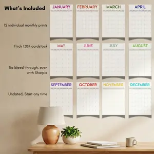 Large Monthly Wall Calendar | 12 Month Undated Wall Planner | XL Wall Planner | Individual Sheets