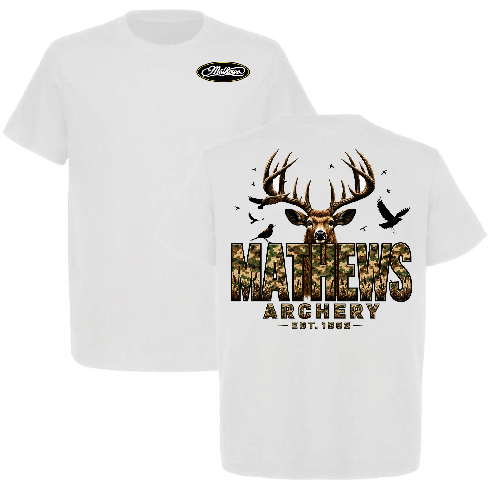 Mathews Archery Men's Big Buck T-Shirt - Whitetail Deer Camo Graphic Tee | Mathews Archery EST 1992 Hunting Shirt With Birds