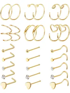 27PCS 22G Surgical Steel Nose Rings Hoop Nose Studs for Women Men L Shaped Nose Rings Stud Cartilage Earrings Piercing Jewelry Nose Piercings Kit Piercing Party Pack