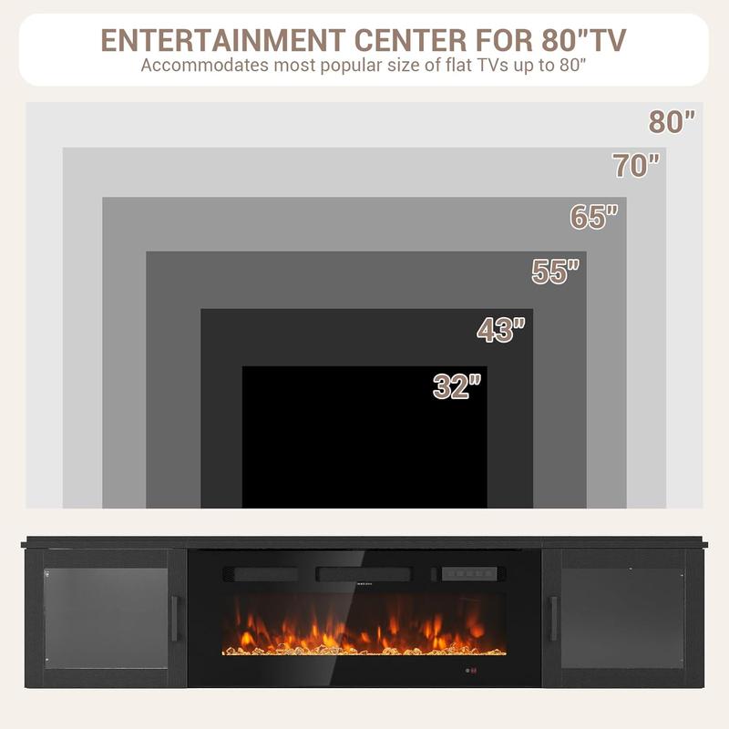 【Ships 2 Packages】oneinmil 70" Floating TV Stand with 36" Electric Fireplace, High Gloss Finish Wall Mounted Fireplace Entertainment Center with Storage for TVs Up to 80", Black TV Stand and Black Fireplace
