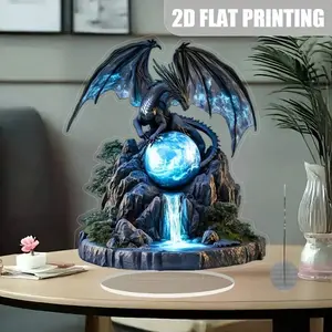 Fantasy Dragon Theme Acrylic Decorative Figurine, Glowing Blue Dragon, Magic Ball, Waterfall Mountain Elements, Desktop Decoration