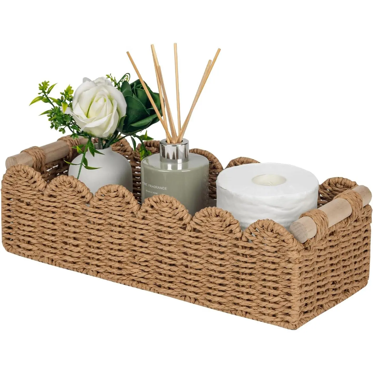 Modern Woven Paper Rope Scalloped Toilet Paper Organizer Basket - 2 Wooden Handles, 14x6.3x3.9in, Portable Recyclable Space-Saving Durable Handcrafted Synthetic Neutral Bathroom Storage, Home Decor Accessory for Over-Toilet Shelves, End Tables