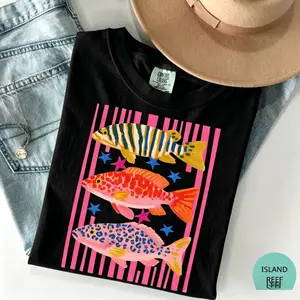 Comfort Colors Preppy Fish T-Shirt, Female Fishing Shirt, Colorful Maximalist Sublimation, Summer Vacation Tee, Funny Beach T-Shirt, Girls Fish Too |   Gift for Her, Cotton Fabric