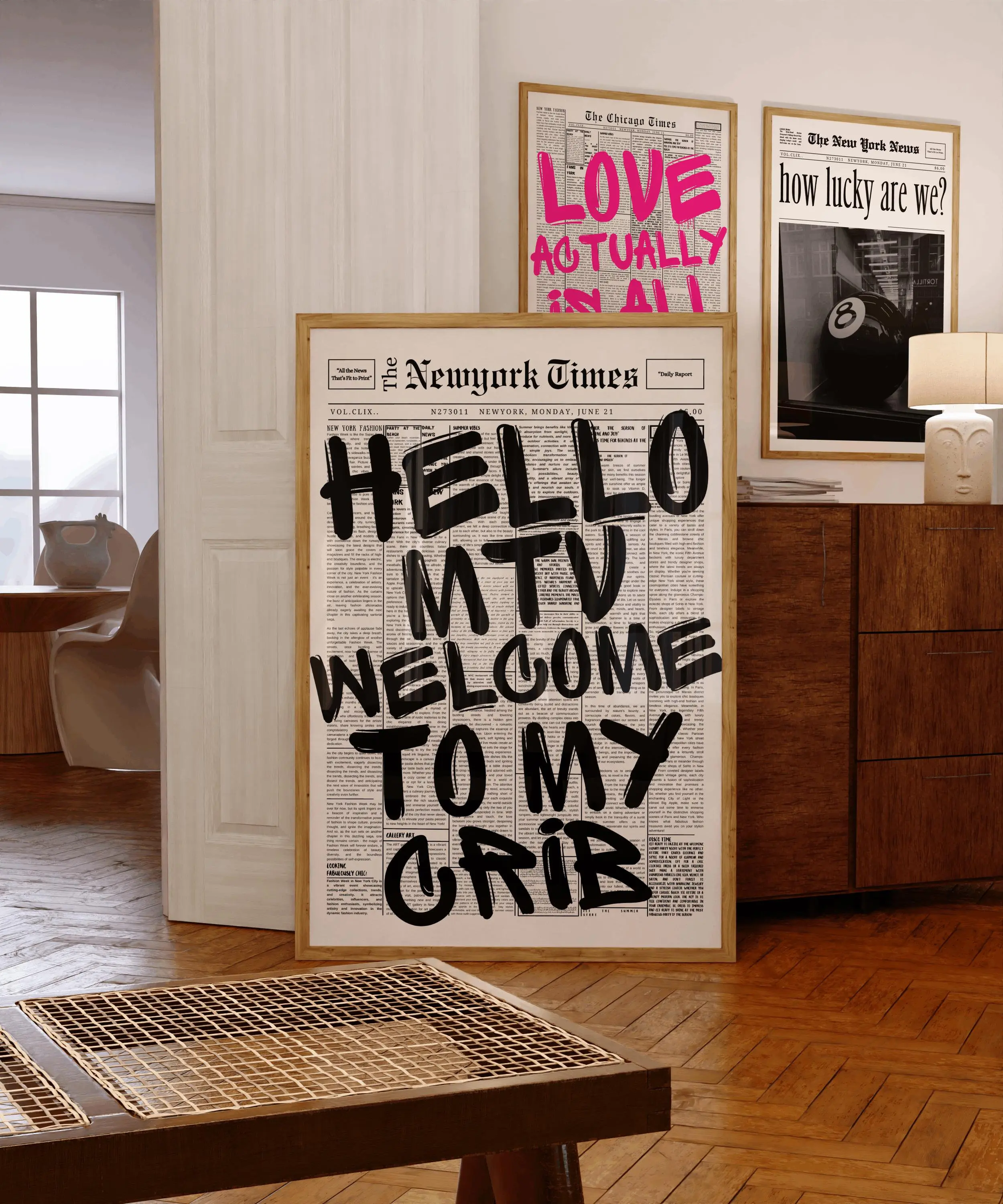 "Hello MTV Welcome to My Crib" Newspaper Headline Wood Poster, Retro Black-White News Wall Decor, 70's Aesthetic Print, Wardrobe-Bedroom Dorm Decor Gift with Plaid-Polka Dot-Houndstooth-Marble Accents