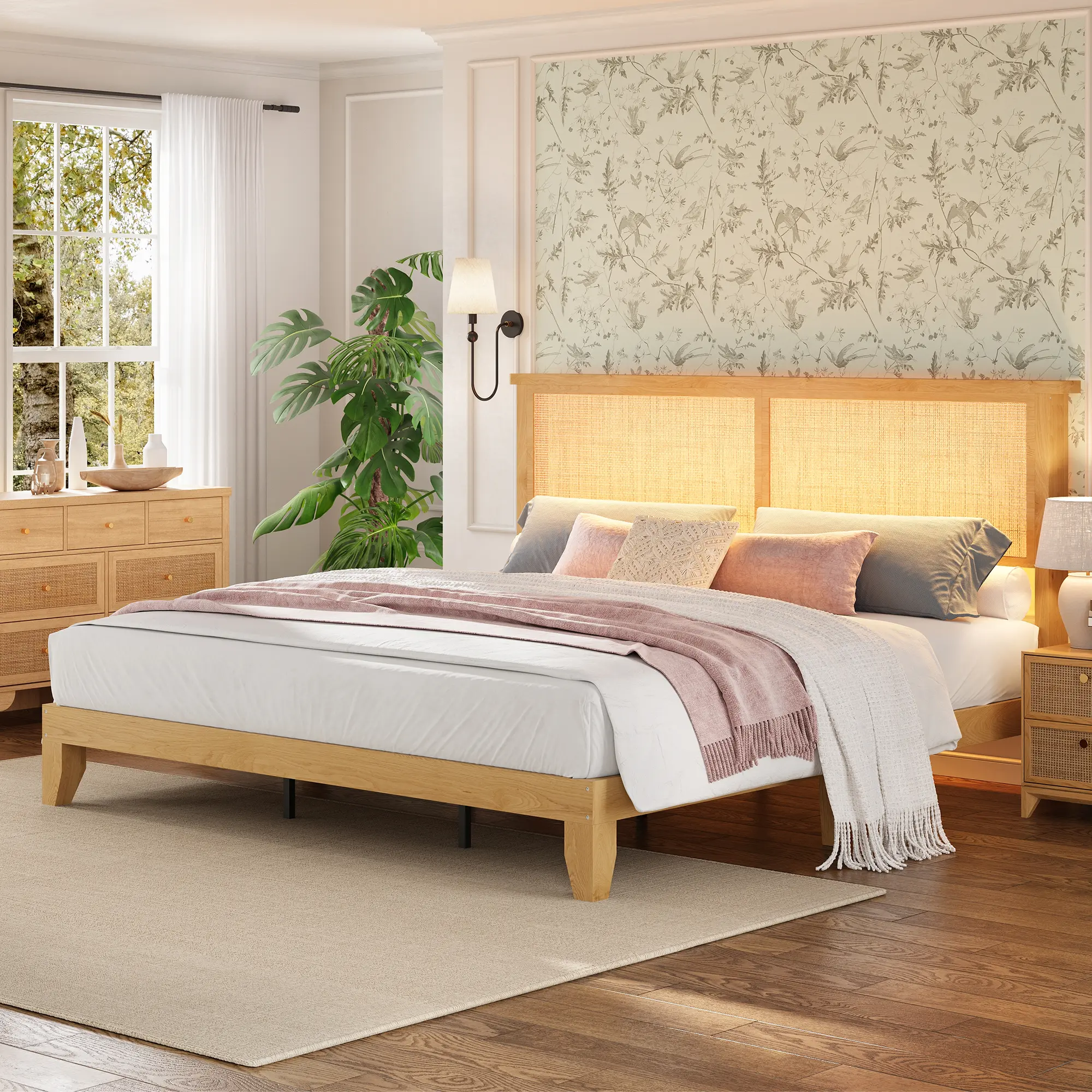 Rattan Bed Frame Full/Queen/King Size, Natural Rattan Storage Headboard with Adjustable LED Lights, Wooden Support Legs with Silent Slats, No Box Spring Needed, Noise-Free, Easy Assembly