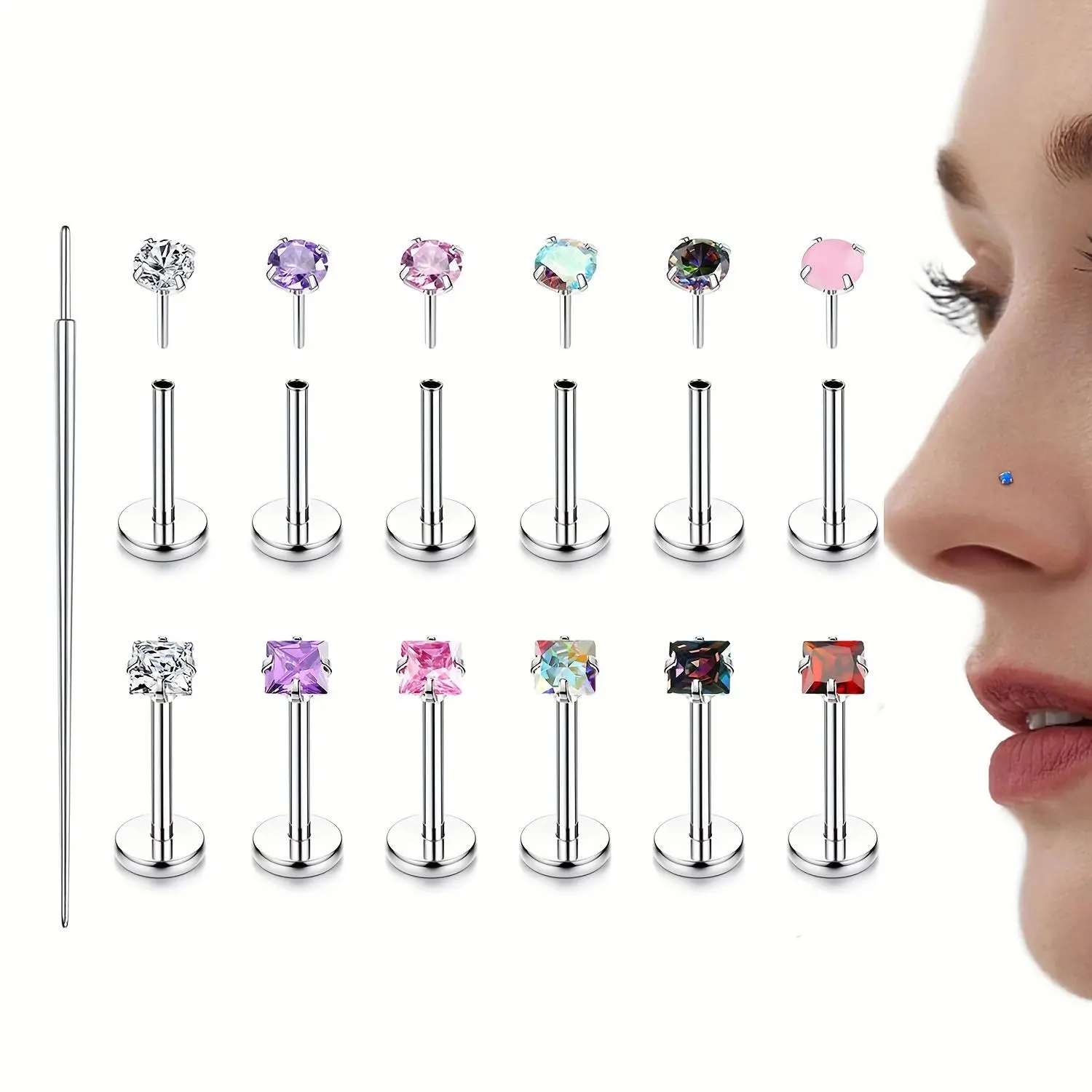 Cute 12-Piece Stainless Steel Body Jewelry Set - Nosepiercings Studs, Earrings with Multi-Color Cubic Zirconia Inlay, Plated-Free for All-Season Holes Daily Wear