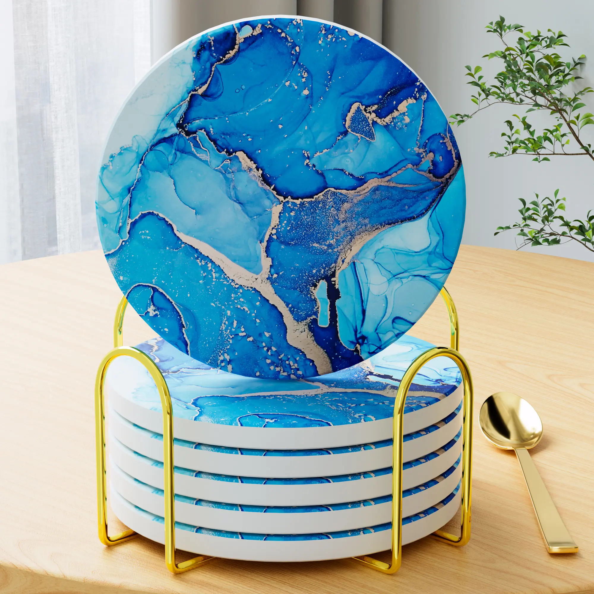 Coasters Set of 6, Navy Blue Marble Abstract Round Ceramic Coasters with Holder, Best Absorbent Drink Coaster Set, Coffee Table Decor for Home Decor House Warming Gifts New Home