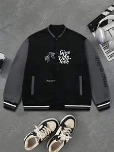 Men's Letter Printed Casual Baseball Jacket with Contrast Colors, Valentine's Day Limited Edition, Fitted Varsity Style for Fall & Winter, Perfect Gift for Friends and Boyfriends