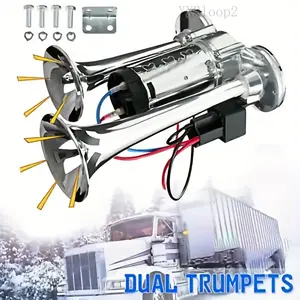 120db Super Loud 12V Dual Speaker Air Horn Kit, Aluminum Electric Train Horn, with Air Compressor, Hardwire ≤36V, for Trucks, Ships, Cars - No Compressor Needed