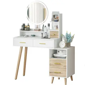 Sikaic LED Touch Screen Makeup Vanity Mirror With Nightstand And Open Shelves Storage Drawers White