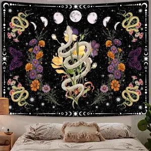 Snake Floral Plants Tapestry, Moon Phase Boho Mandala Aesthetic Wall Hanging for Bedroom Living Room Home Decor (80" x 60")