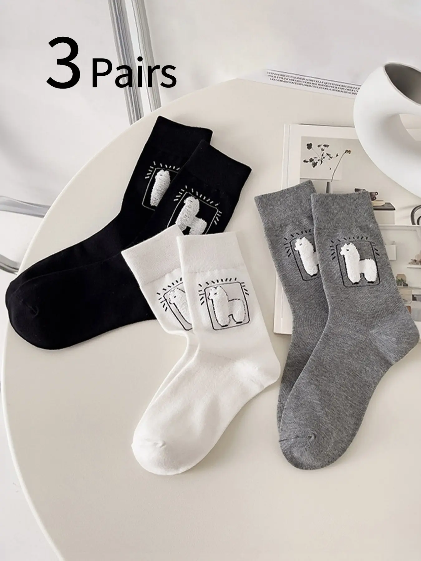 3 Pairs Women's Cartoon Alpaca Crew Socks, Cute Korean Style, Breathable Comfort, All-Season Fitted Long Socks, Versatile Campus Fashion