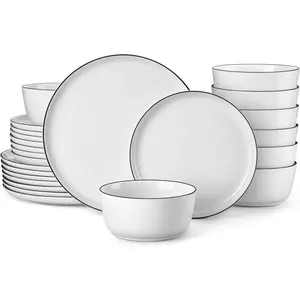 24 count Gourmet Porcelain Dinnerware Sets,  Plates and Bowls Set, High-Fired Dishes Set for 8, Chip & Scratch Resistant, Microwave Dishwasher Safe, White & Black Rim, Series LEXI