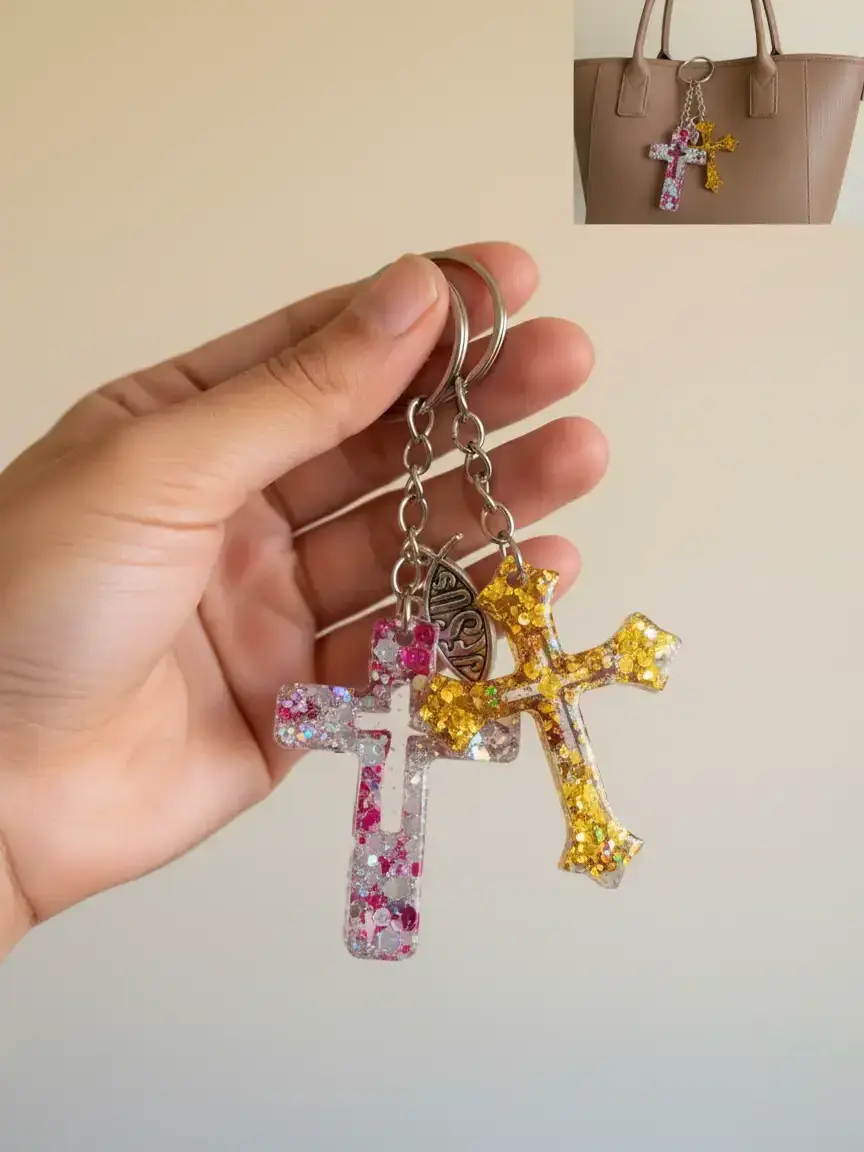 Crafted Resin Light-Up Crucifix Cross Sparkle Keychains, Fashion Costume Jewelry Accessories, Bag Charms, TikTok Viral Gift for Students