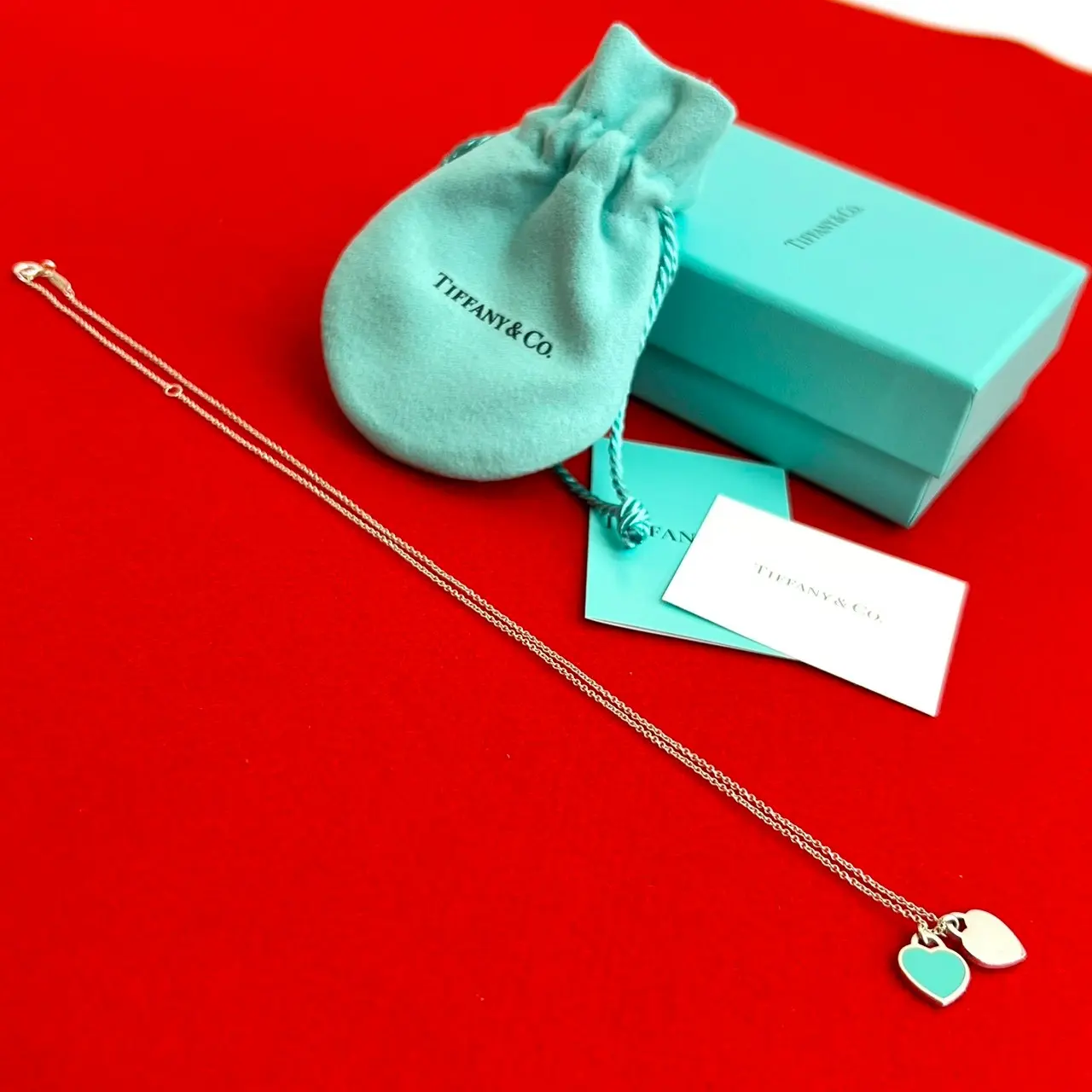 Pre-owned Tiffany & Co. Sterling Silver 925 (Ag925) Small Leather Goods Return to Tiffany Mini Double Heart Tag 925 Necklace