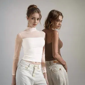 New Solid Color Round Neck Mesh Splicing Long Sleeved Semi High Neck Top For All Season