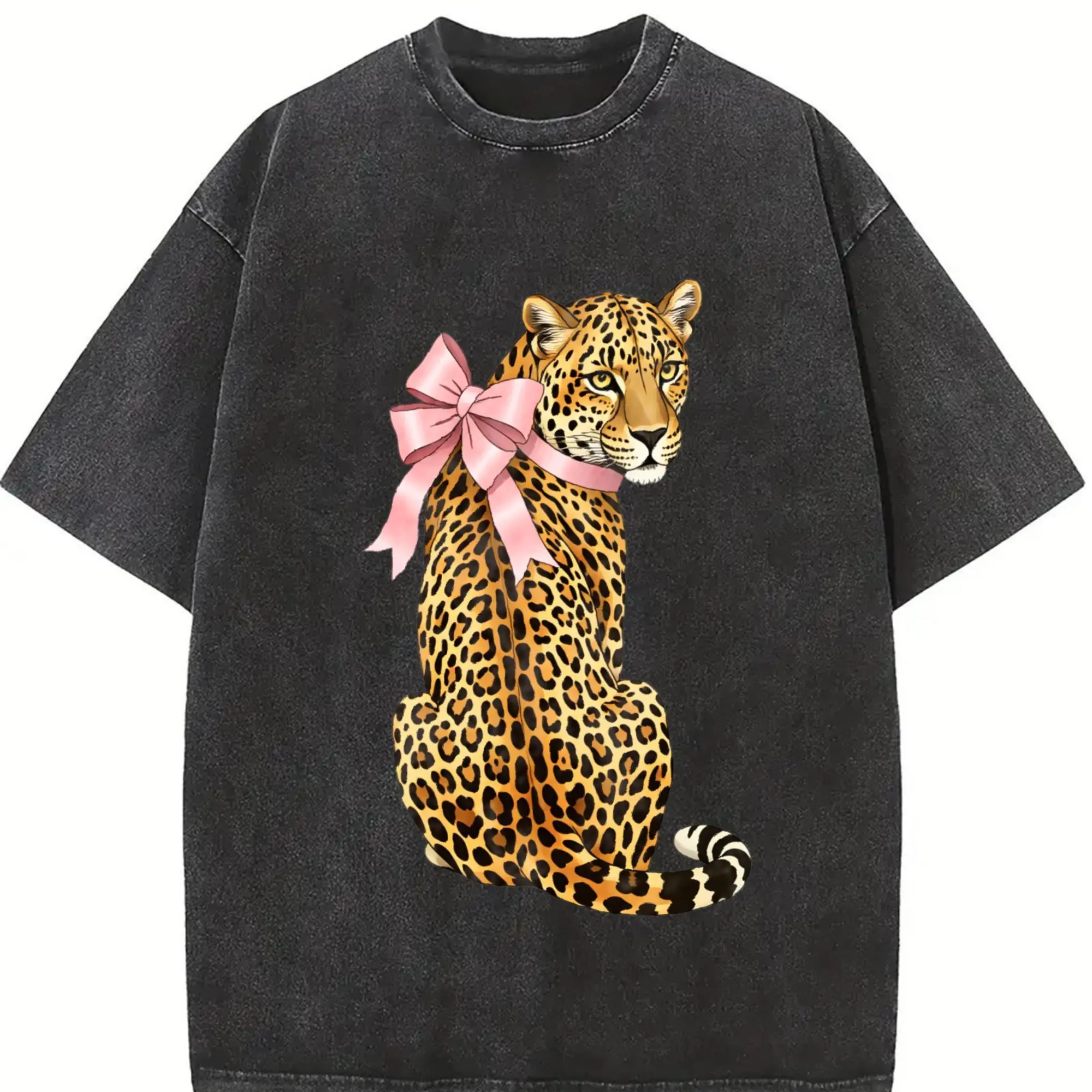 Pink leopard print top with bow, retro animal print tee