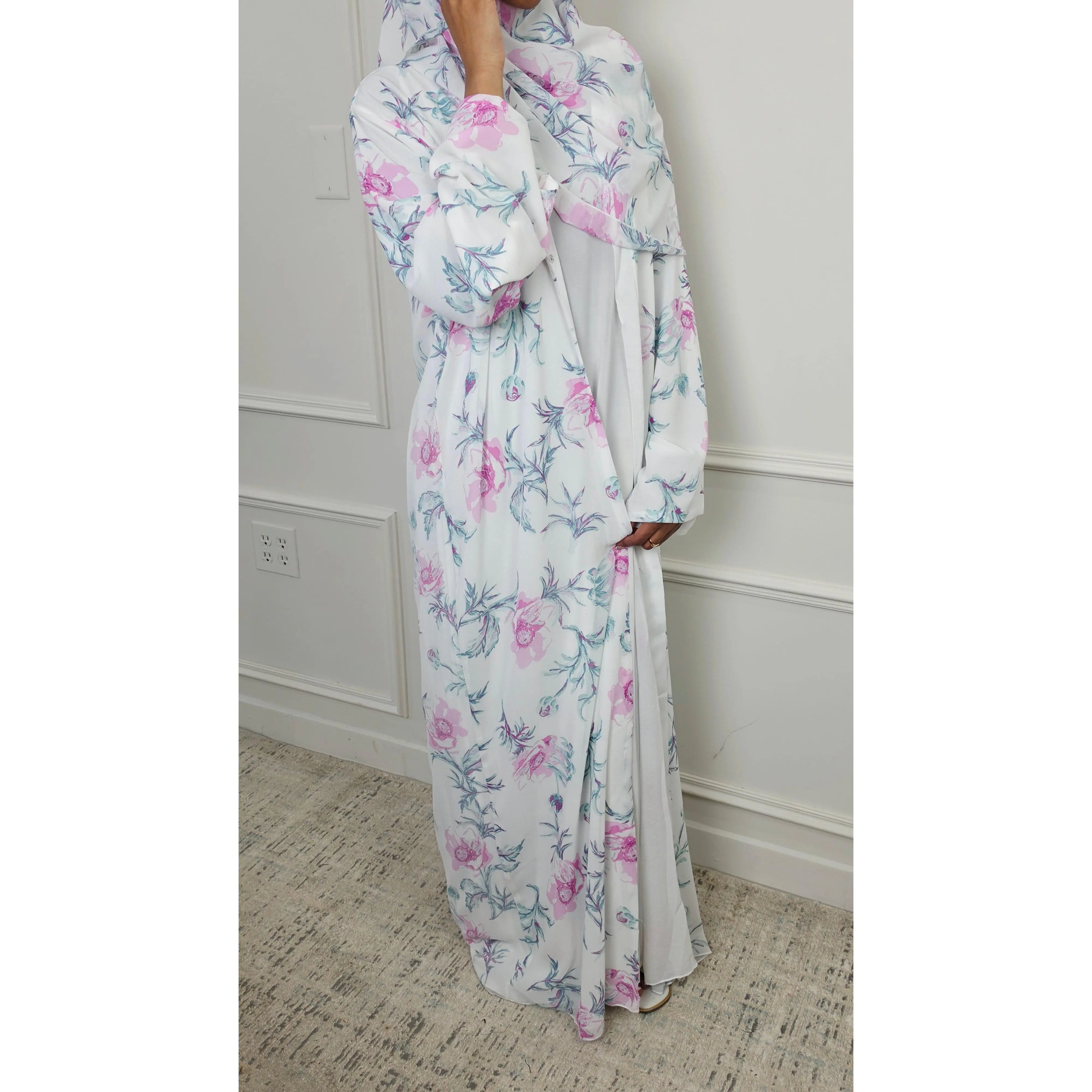 Lilac Mist Floral Double Chiffon Abaya Set