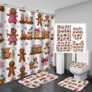 1/3/4PCS Cute style Christmas pattern with gingerbread train and bows Shower Curtain Set with Rugs, Non Slip Bath Mat, U-Shape Carpet, Toilet Lid Cover, Polyester Fabric Bathtub Curtain Accessories, 12 Hooks, Home Bathroom Festival Decor
