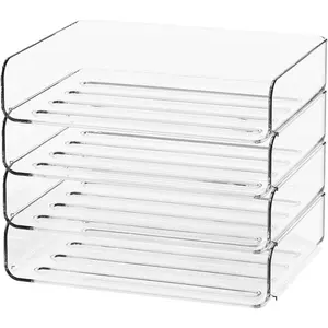 4-Tier Acrylic Paper Tray Organizer - Low-Profile Desk File Sorter for Office/Home, Clear Stackable Letter Tray for Bills, Crafts, Notebooks
