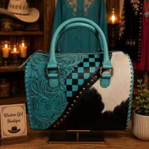 Teal and Black Checkered Cowhide Tooled Learher Medium Speedy