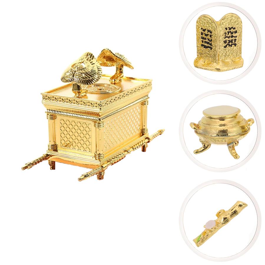 Elegant Gold-Plated Jewish Symbol Israel Ark of the Covenant Metal Model - 2 Styles Small Alloy Ornate Traditional Decor Sculpture Ornaments with 3 Pieces (Aaron's Rod, Tablets, Manna Pot) for Home Decoration, Religious Collectibles