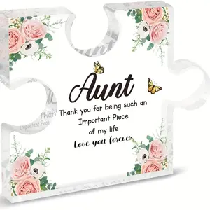 Butterfly & Rose Pattern Acrylic Puzzle Shaped Plaque, 1 Count Flower & Letter Pattern Decorative Ornament, Acrylic Desktop Decoration, Novelty Desk Decor, Gift for Auntie, Home Decor Gifts, Home Decor, Signs, Home Decor Products
