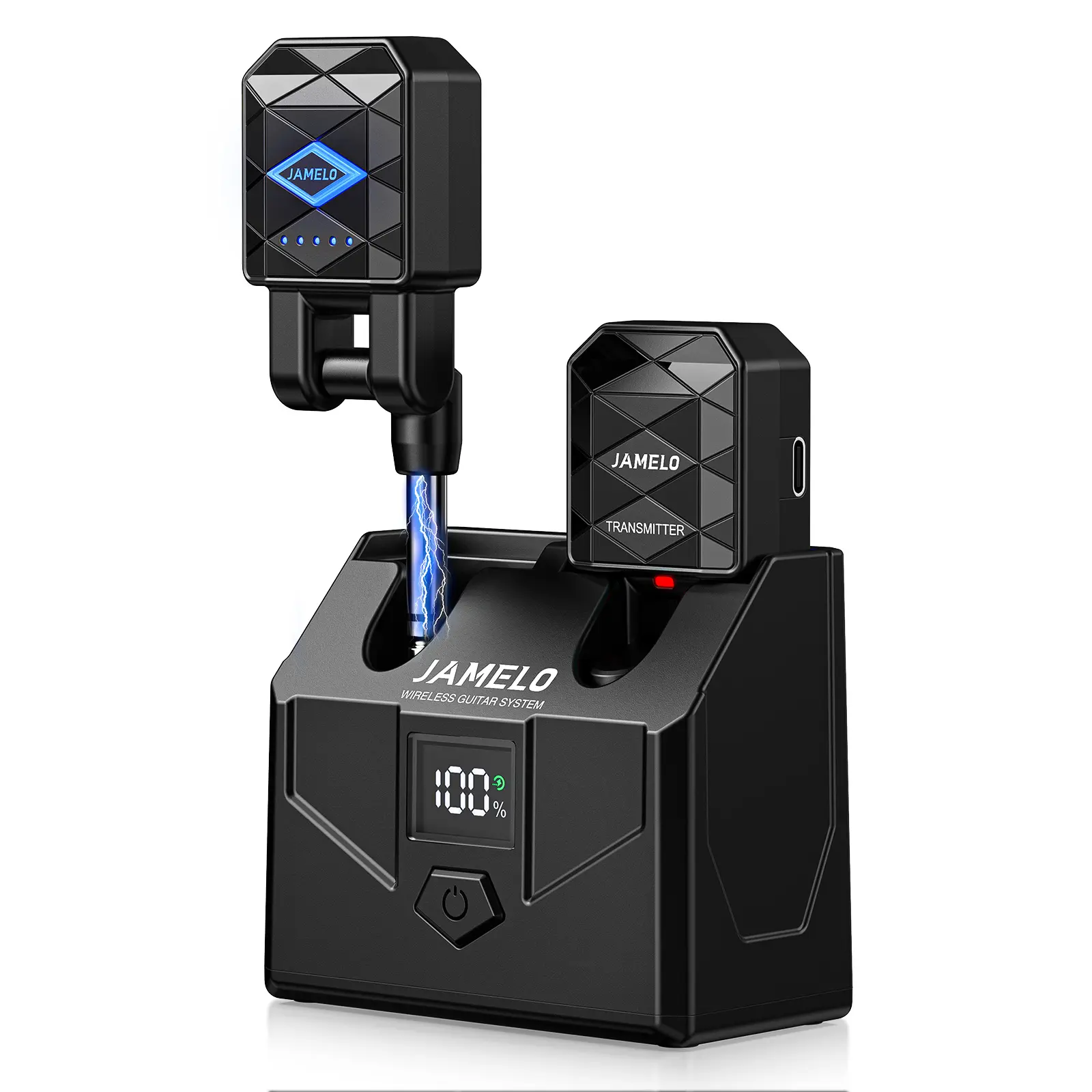 JAMELO 2.4G Wireless Guitar System with Charging Case and Power Display , Guitar Transmitter Receiver with 4 Channels, 15H Playtime, Rechargeable Guitar Bass Jack Lead for Electric Instruments（WS-200）