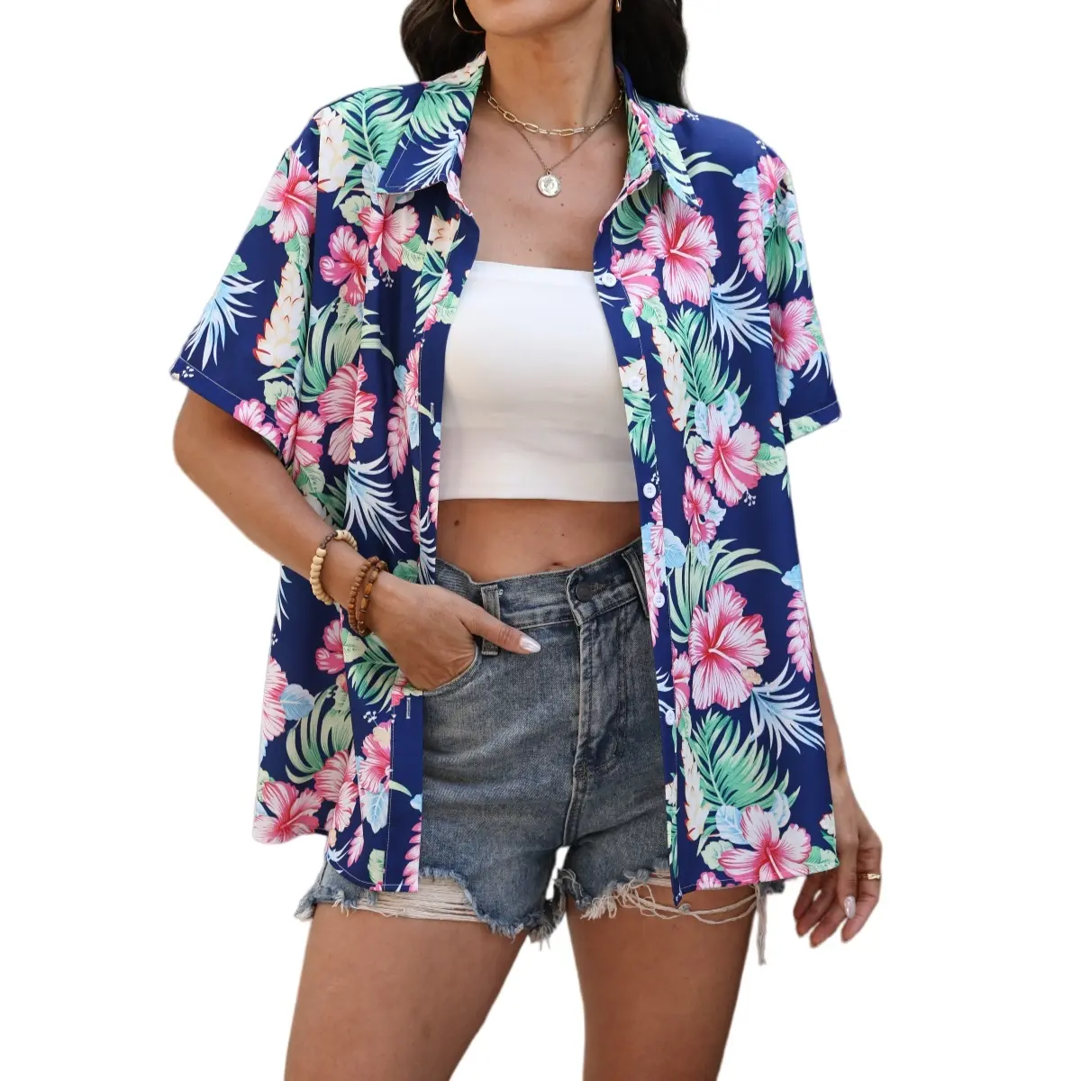 Women's Hawaiian Shirt, Casual Tropical Hibiscus Print, Short Sleeve Button-Down for Summer Beach Vacations, Floral, Printed Pattern, Buckle, Elegant, H Type