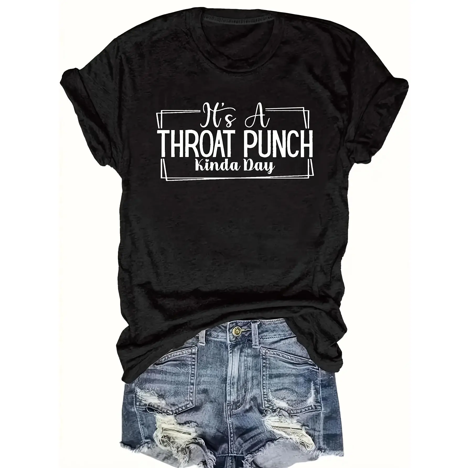 Women's Casual Short Sleeve T-Shirt with "His THROAT PUNCH Kinda Day" Graphic Print - Black & White Geometric Pattern, Round Neck, Regular Fit, Machine Washable, All-Season Comfort, Everyday Apparel, Relaxed Style, Durable Fabric, Semitransparent Material