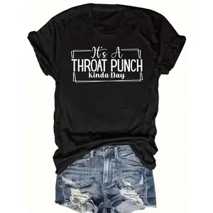 Women's Casual Short Sleeve T-Shirt with "His THROAT PUNCH Kinda Day" Graphic Print - Black & White Geometric Pattern, Round Neck, Regular Fit, Machine Washable, All-Season Comfort, Everyday Apparel, Relaxed Style, Durable Fabric, Semitransparent Material