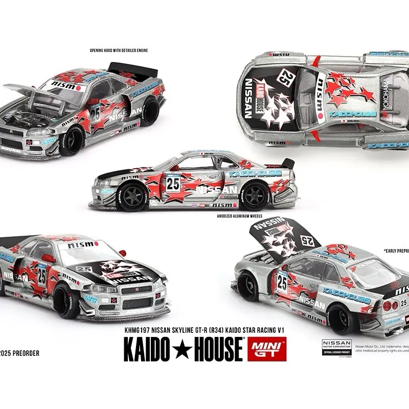 Kaido House x Mini GT 1:64 Nissan Skyline GT-R (R34) Kaido Star Racing V1- Silver Diecast Collectible Model