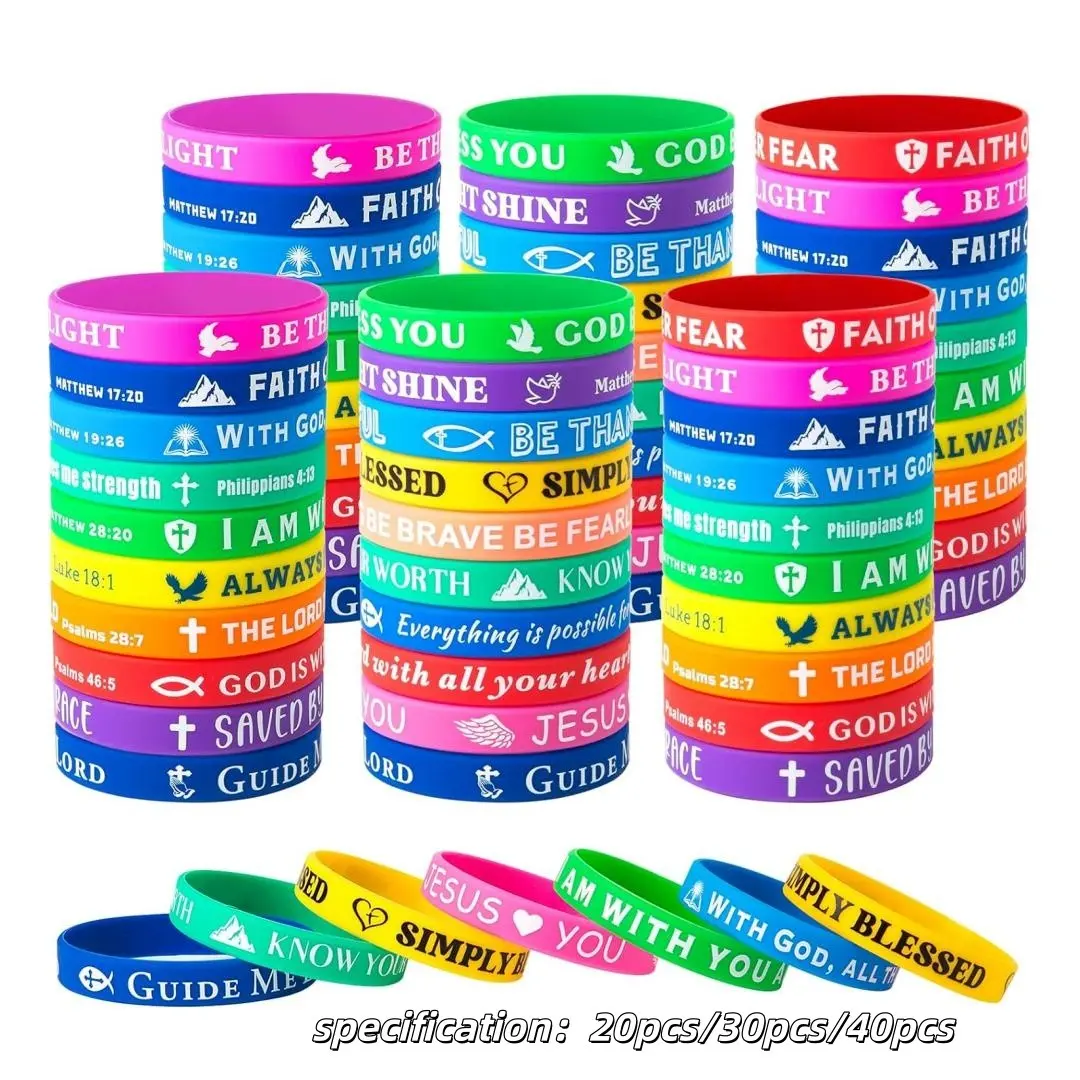 Bible Verse Bracelet, Word Bracelets, Beautiful Bracelets, Cross Bracelet, 20/30/40pcs Silicone Wristband, Cute Colorful Wristband, Comfortable and Lightweight Gift for Men, Women