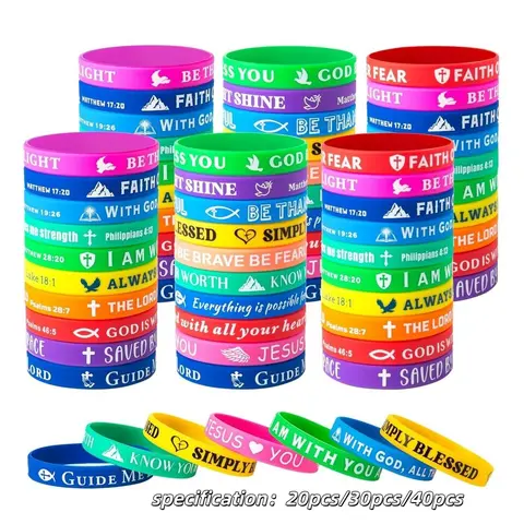 Bible Verse Bracelet, Word Bracelets, Beautiful Bracelets, Pretty Bracelet, Cross Bracelet, 20/30/40pcs Silicone Wristband, Cute Colorful Wristband, Comfortable and Lightweight Gift for Men, Women