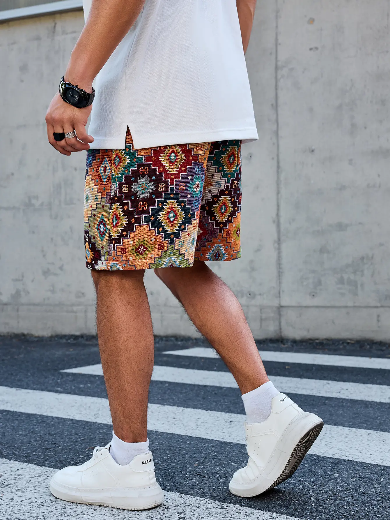Unisex Ethnic Geometric Jacquard Drawstring Shorts, 5" inseam – textured jacquard fabric, elastic waistband with natural drawstring, side pockets, relaxed straight leg, American vintage retro tribal print shorts for summer vacation & street style