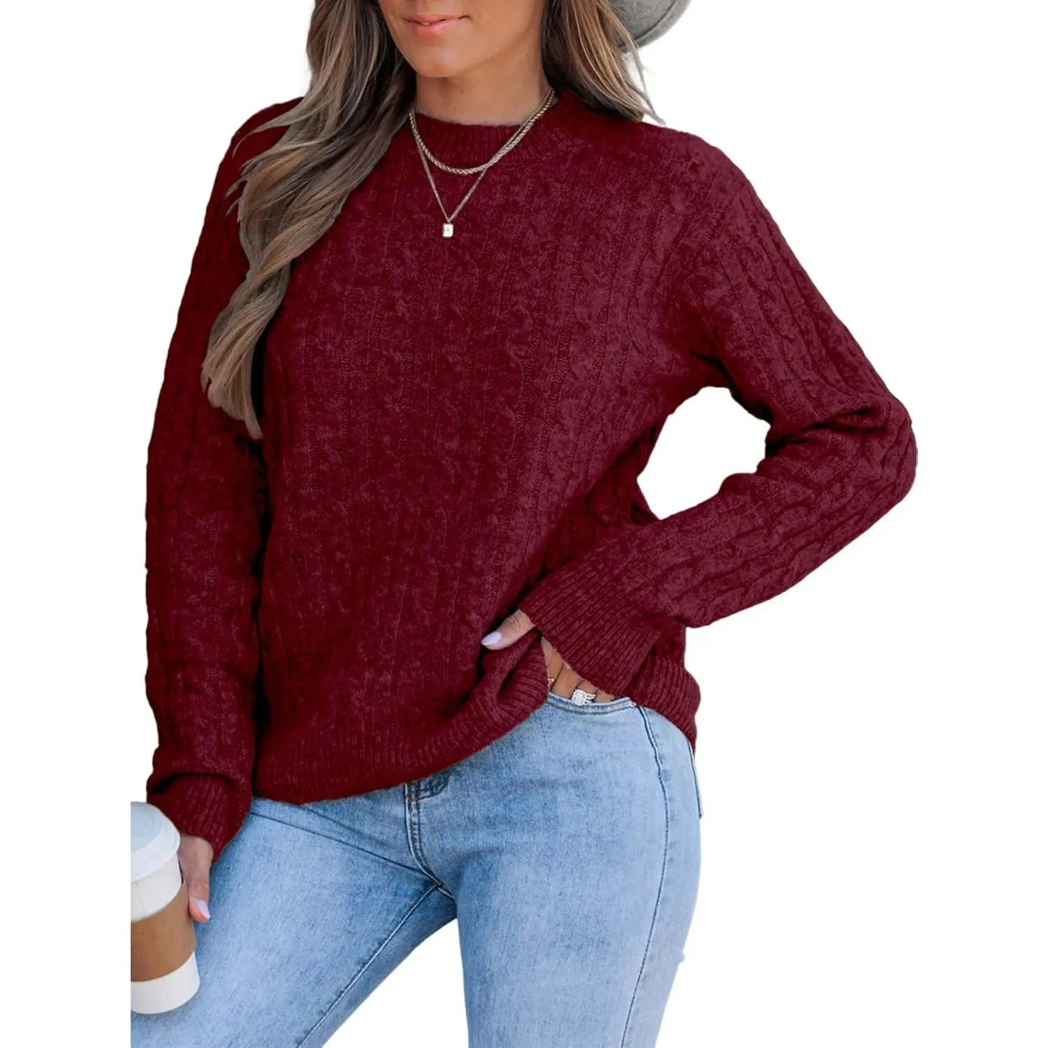 Women's Classic Cute Cable-Knit Fitted Sweater - Basic Crew Neck, Long Sleeve Pullover, Lightweight Soft Ladies Clothes for 2025 Fall Winter Casual Outfits, Jujube Red, M, Knitwear, Round Neck, Soft Knit