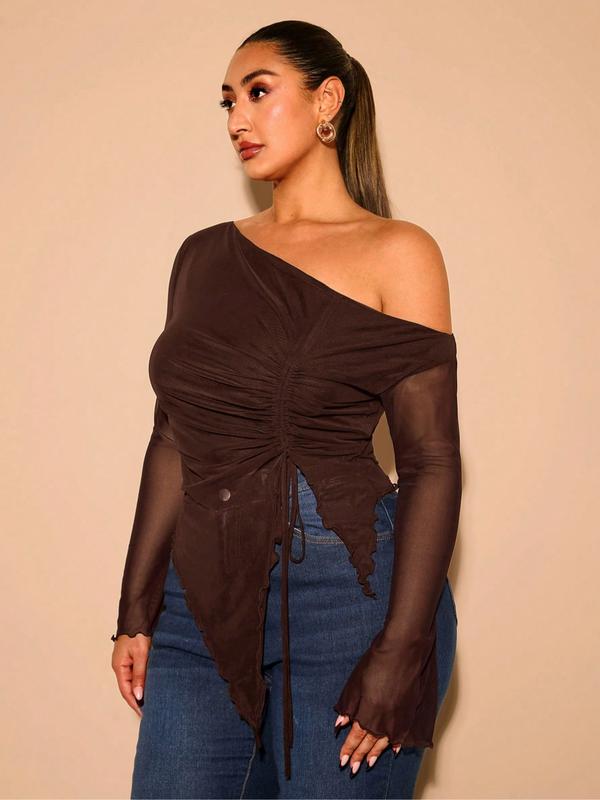 Plus Size Women's Mesh Top, Asymmetrical Shoulder Drawstring Long Sleeve Shirt, Semi-Transparent Slim Fit, Casual & Formal Wear