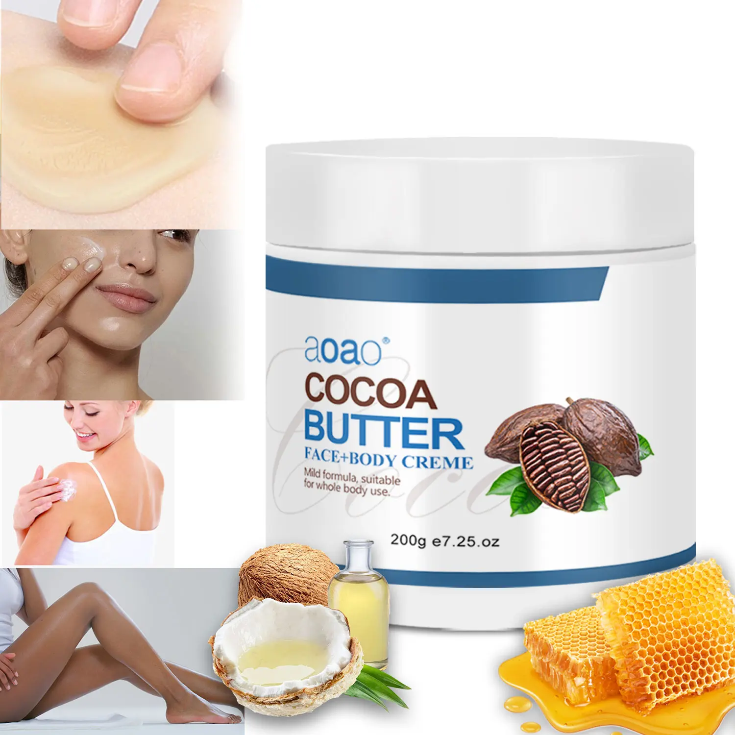 AOAO Cocoa Butter Face, Body, and Hair Cream, Nourishing Body Care Moisturizer for All-Over Use, Mild Formula, 200g, Cosmetic, Lotions, Blend, Alcohol-Free Functional Body Lotions & Creams