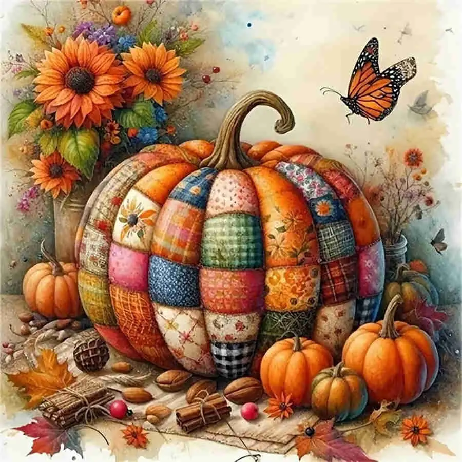 Patchwork Quilt Pumpkin with Autumn Harvest 5D Full Drill Diamond Painting Kit – Warm Rustic Design with Shimmering Orange & Multicolor Accents – Cozy Fall Art DIY Wall Decor – Ideal Gift for Thanksgiving & Craft Enthusiasts Craft Supplies