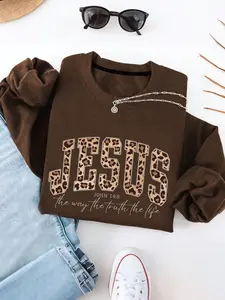Women's Brown Leopard JESUS Graphic Print Fitted Sweatshirt, Casual Long Sleeve Pullover, Trendy Christian Faith Top for Daily Wear