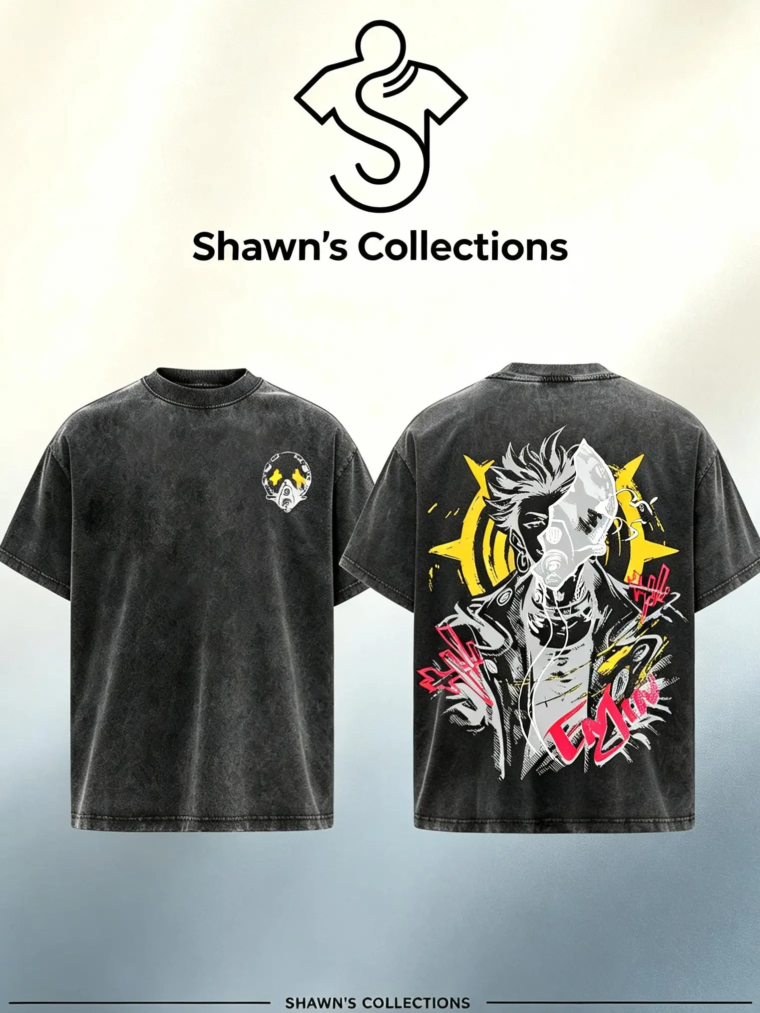 Shawn's Vintage Washed Black Grey Oversized Gachiakuta T-Shirt,Enjin Kouzaki Red Black White Street Graphic Tee,Back Anime Character Print Short Sleeve,Mens Japanese Urban Streetwear Loose Fit Grunge Aesthetic Casual Top