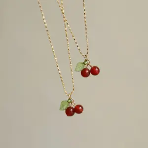 Collar de Cherry Stainless Steel Necklace with Cherry Pendant and Green Leaf Accents