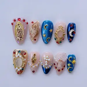 Fullovenail Almond Shape Barque Pearl Cross Handmade Press on Nail Elegant Rhinestone Decorated