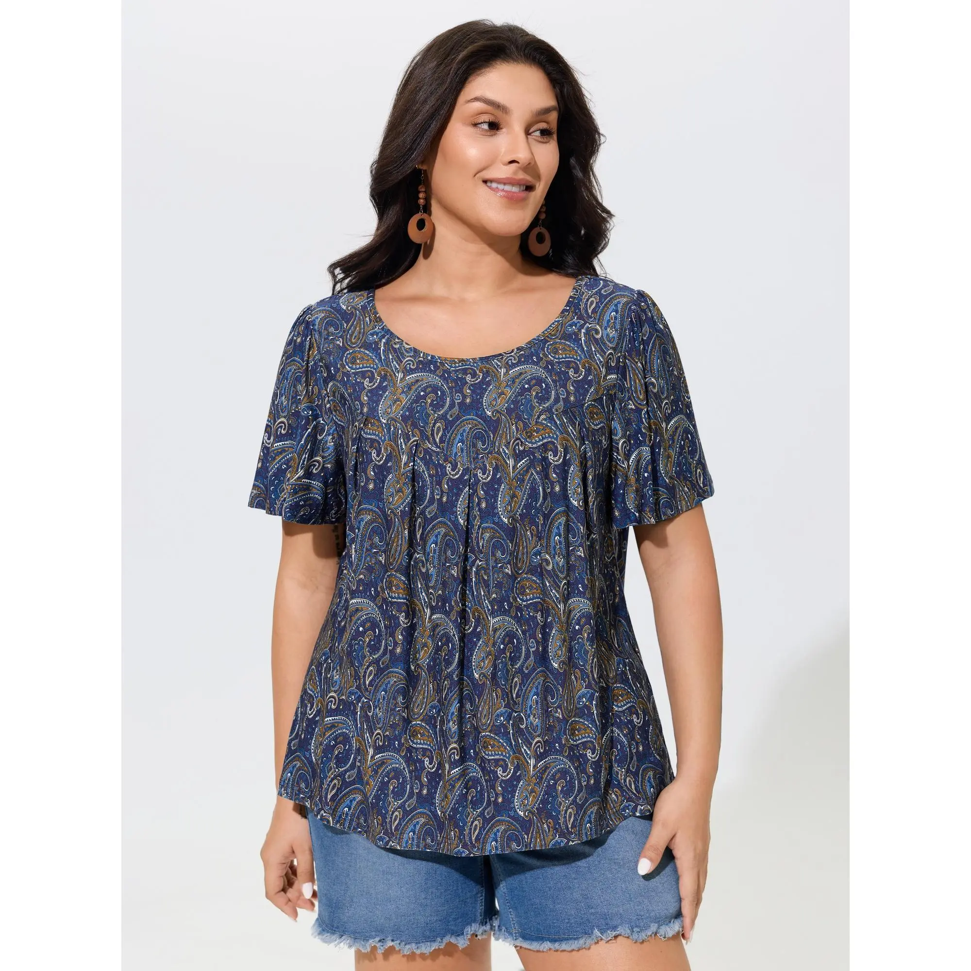 BLOOMCHIC Women's Plus Size Paisley Print Round Neck Front Pleated Short-Sleeve Spandex Fabric Blouse Garment [M-6X] 2026 Summer Finds