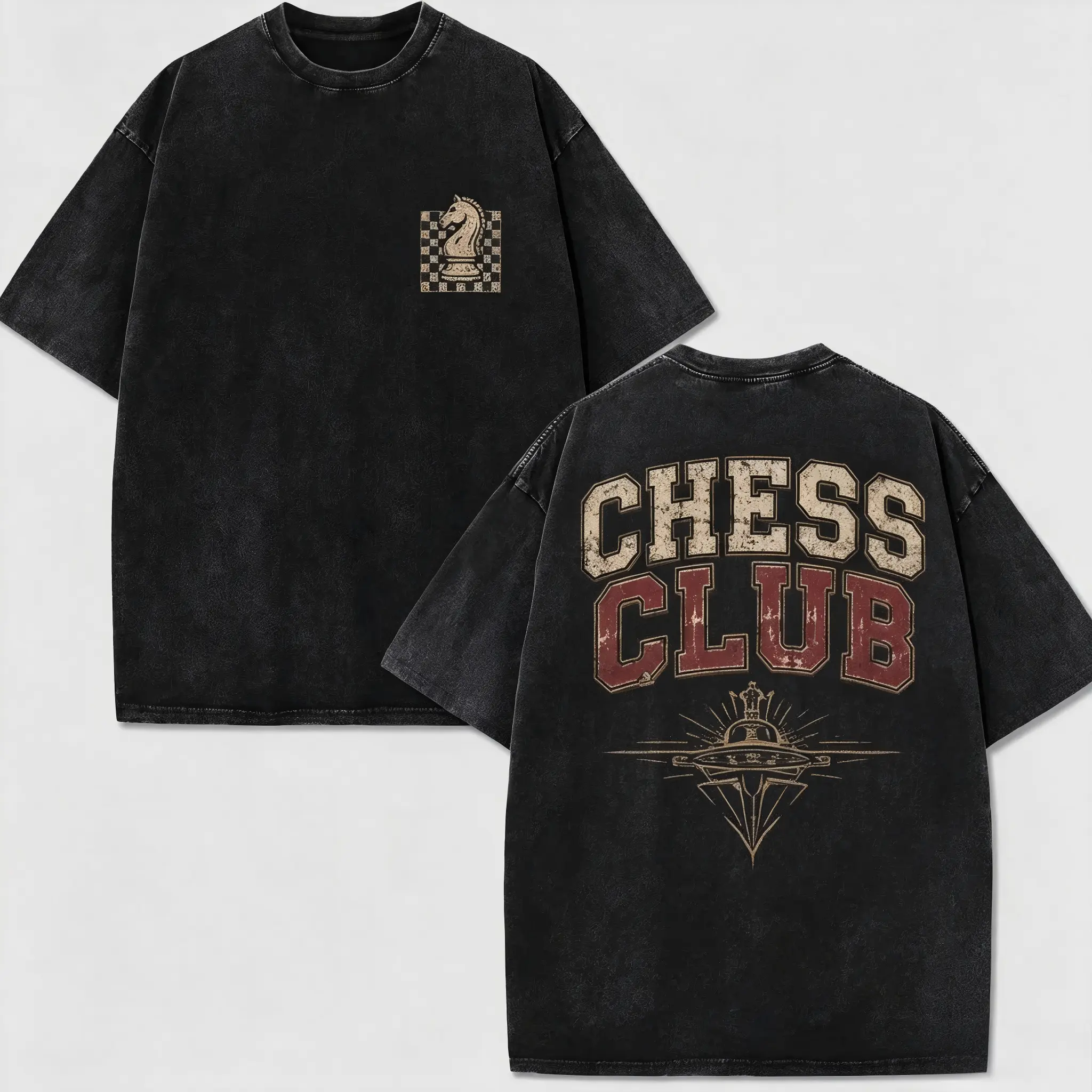 Men's Casual Vintage Washed Black Oversized Distressed Short-Sleeve Round Neck T-Shirt - Retro Chess Graphic Top for Strategy Game Fans, Figure-Flattering, All-Season, Hand Wash Only, Multi-Size Menswear Clothes