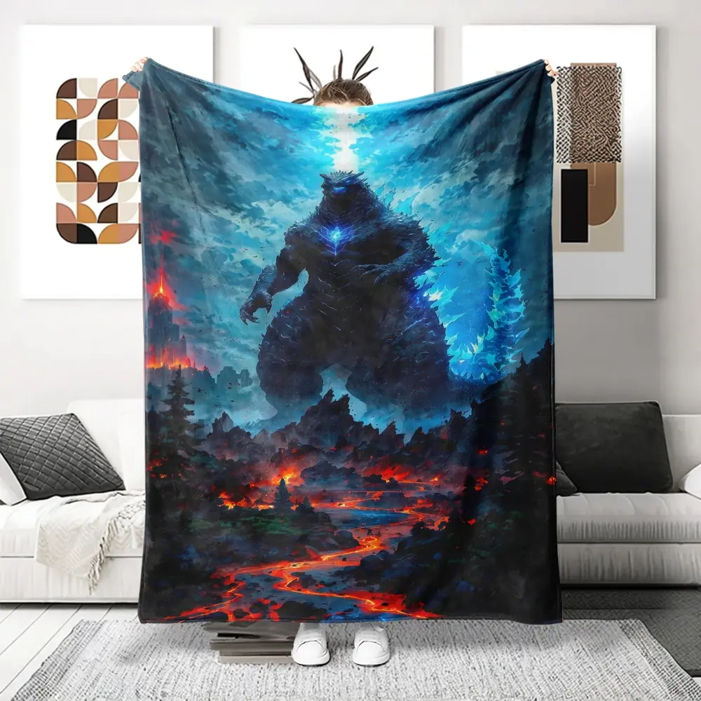 Ultra Soft Flannel Woolen Blanket Godzilla Volcanic Landscape Print Cozy Skin Friendly All Occasions Gift Warm Lightweight Home Decoration Bed Sofa Camping Travel