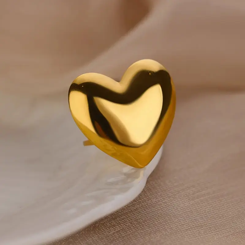 Cute Heart Chunky Stainless Steel Rings for Women Gold Color Open Adjustable Vintage Wedding Ring Aesthetic Jewelry AccessoriesGift