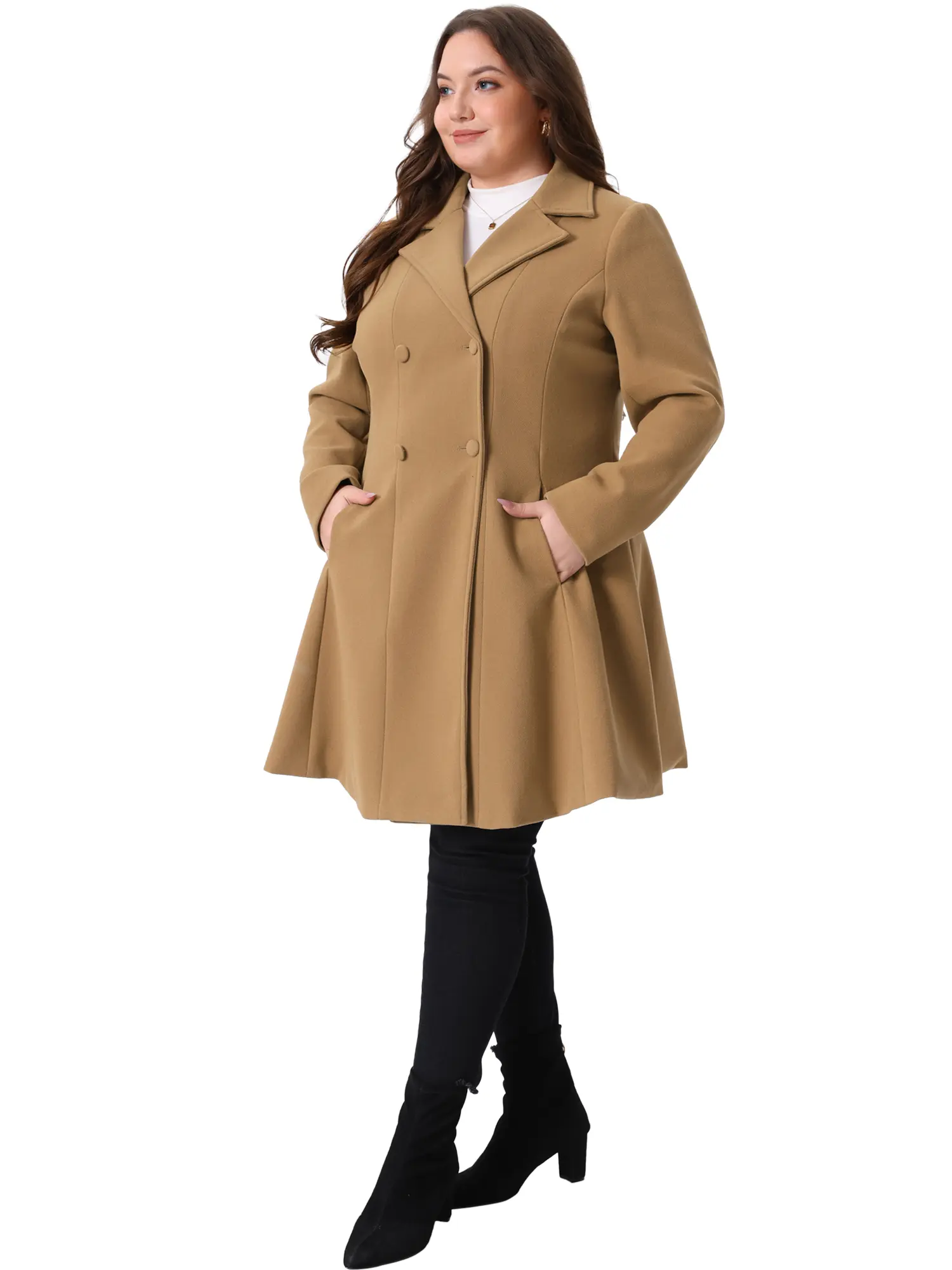Agnes Orinda Women's Plus Size Notch Lapel Double Breasted a Line Winter Pea Coat Trench Coat with Pockets