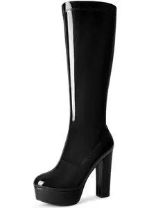 BLISSFUL STEP Women's Patent Leather Platform Chunky Heel Knee High Boots
